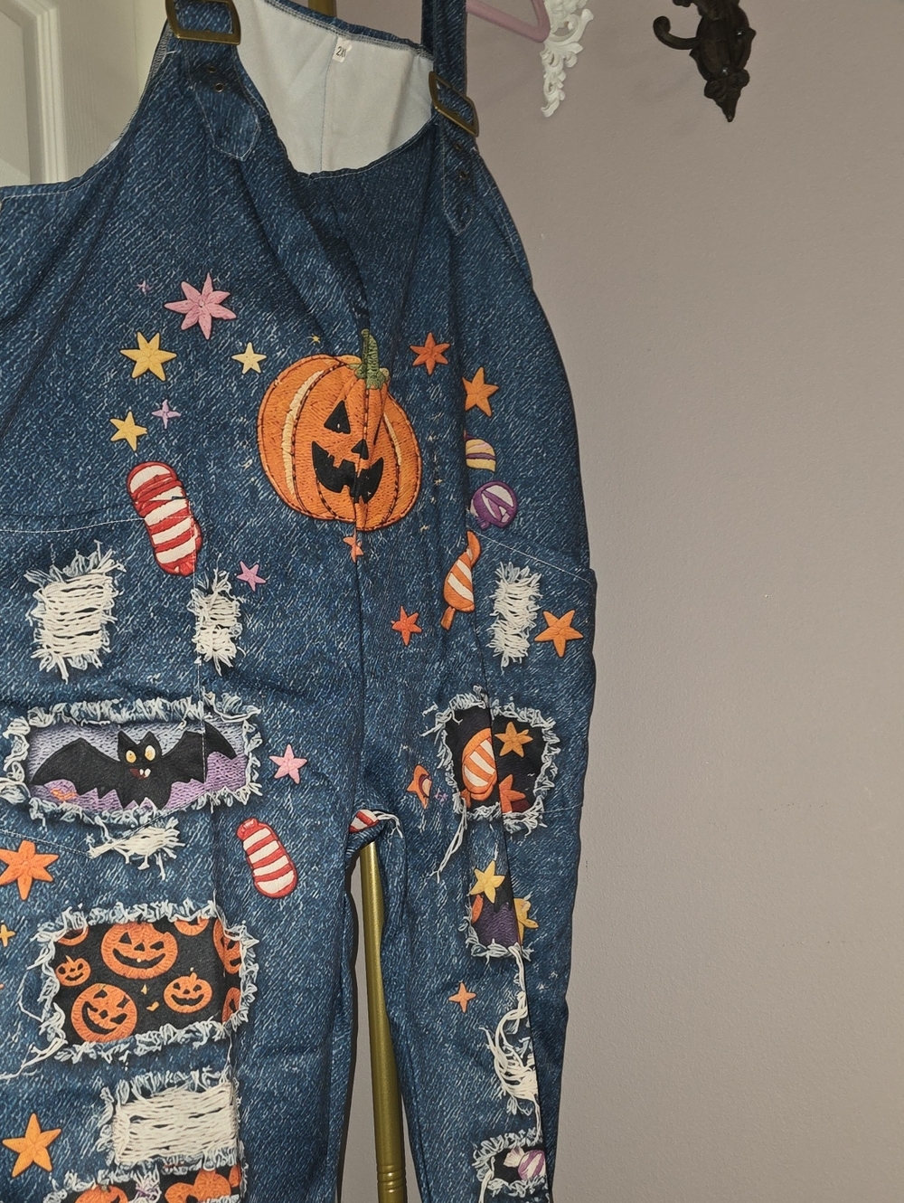 Halloween Fall Pumpkin Denim Looking Overalls - Orange & Blue Bluejean Look